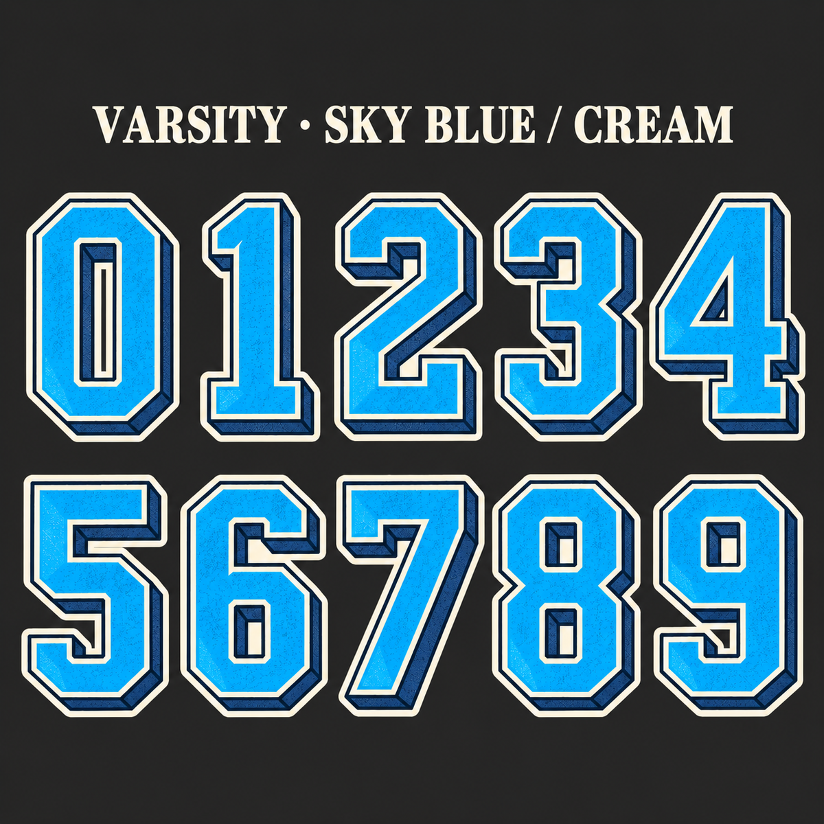 Varsity number sticker range 0–9 in Sky Blue / Cream