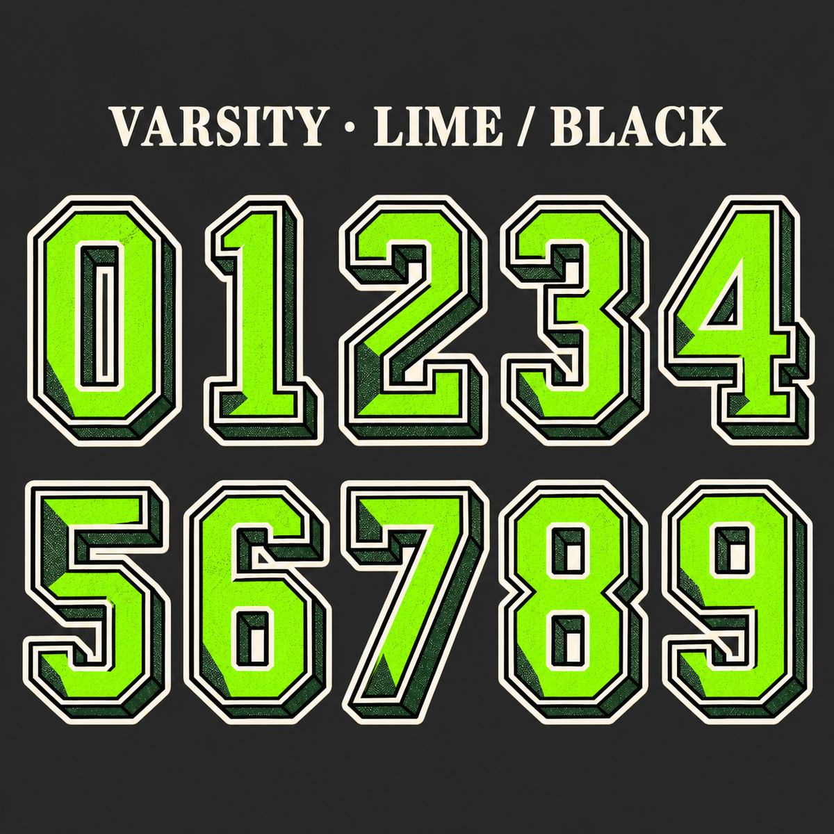 Varsity number sticker range 0–9 in Lime / Black
