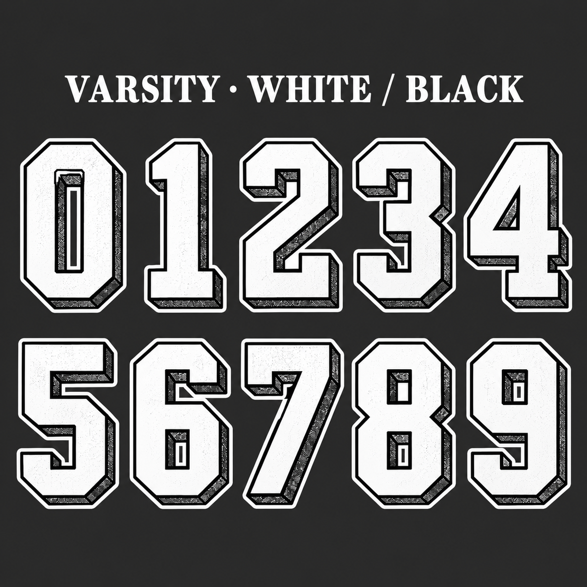 Varsity number sticker range 0–9 in White / Black