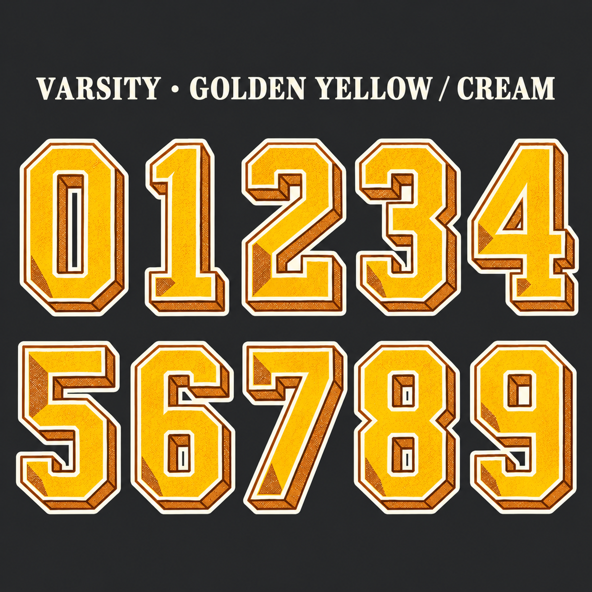 Varsity number sticker range 0–9 in Golden Yellow / Cream