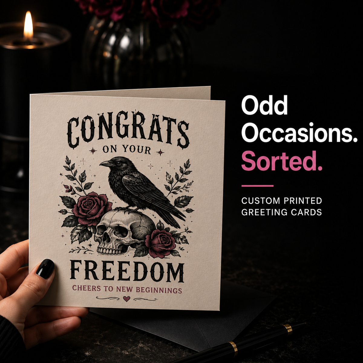 Custom square greeting card printed from customer-supplied artwork, alternative finished example.
