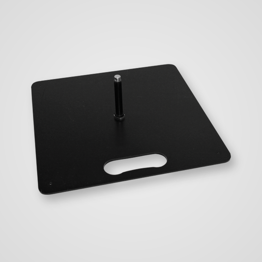 Black square base plate with a central hole on a white background