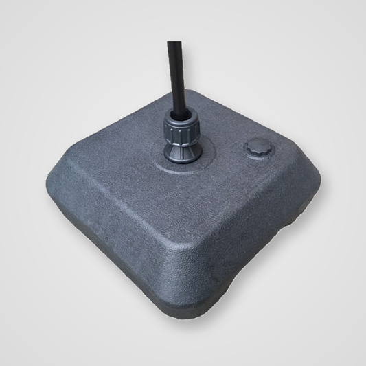 A square gray plastic or cast-iron base with a black vertical rod inserted into a central threaded opening, shown on a plain light gray background.
