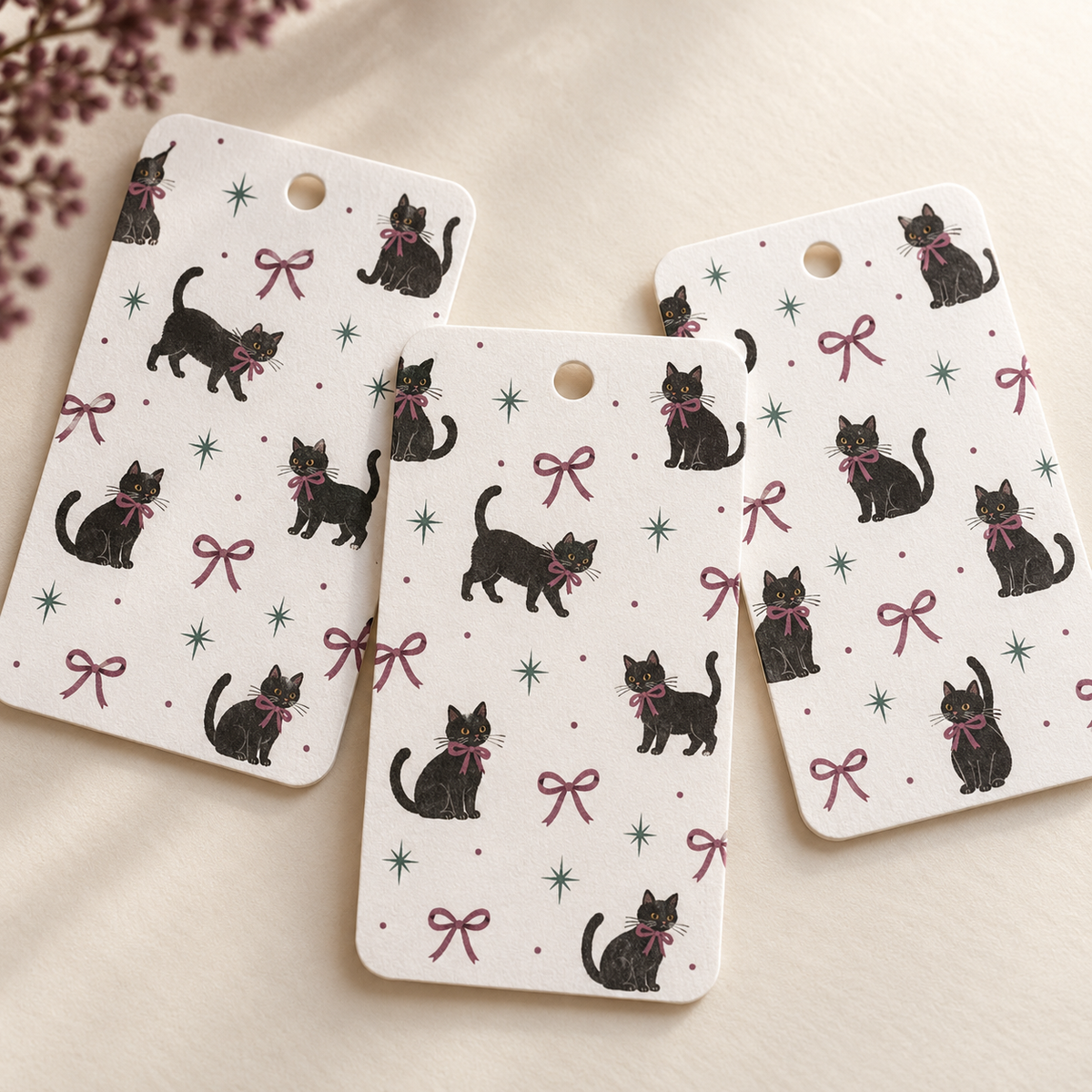 Illustrative product mock-up of a set of three matching personalised gift tags.