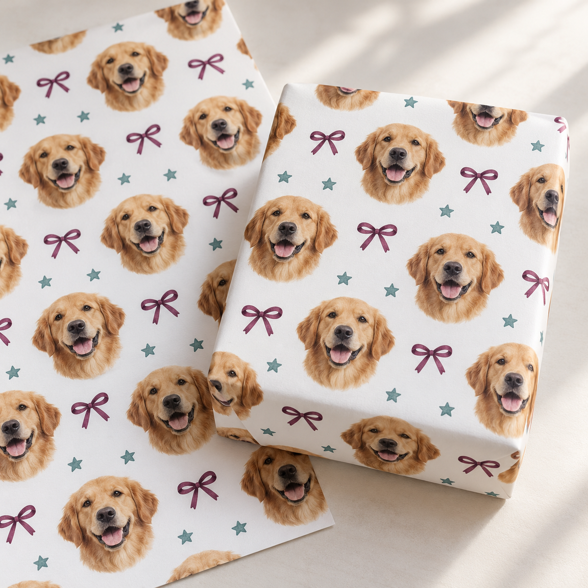 Illustrative gift-wrap pattern featuring repeating golden retriever portraits.