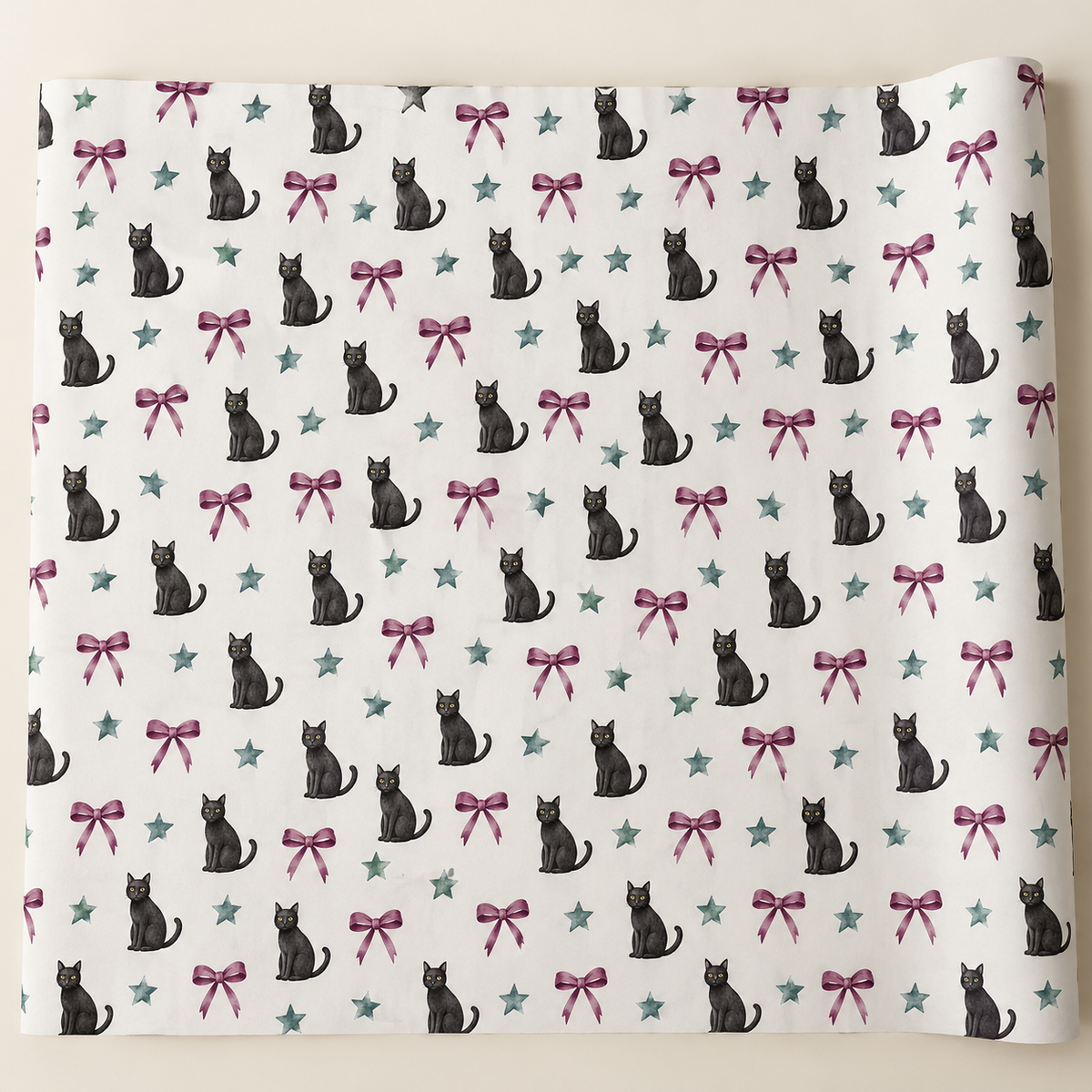 Concept preview of a repeating black cat, plum bow and teal star pattern on personalised gift wrap