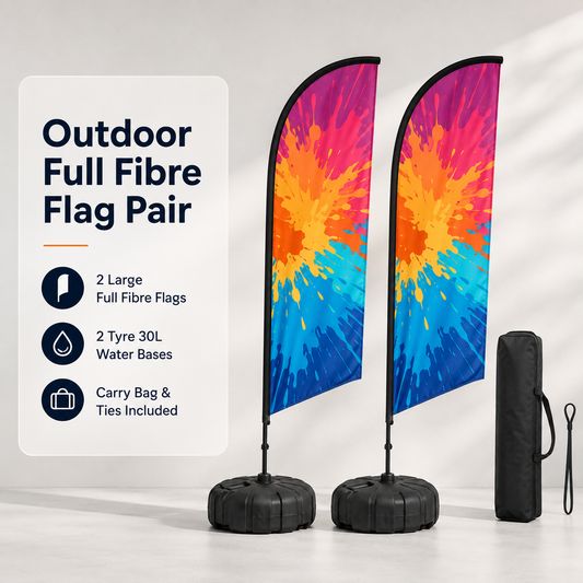 Pair of Large custom Full Fibre flags mounted on tyre-style 30 litre water-fillable bases