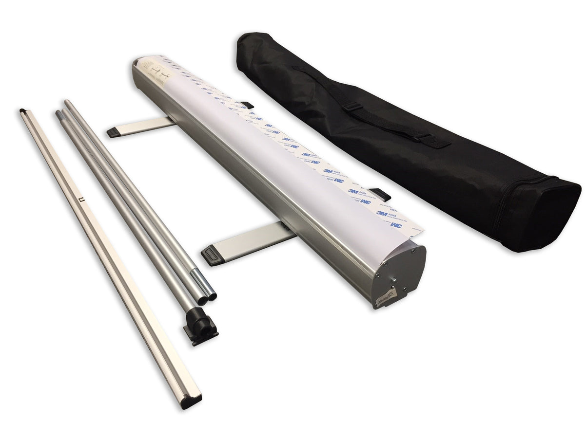 Professional roller banner cassette, pole sections, top rail and lightly padded carry bag