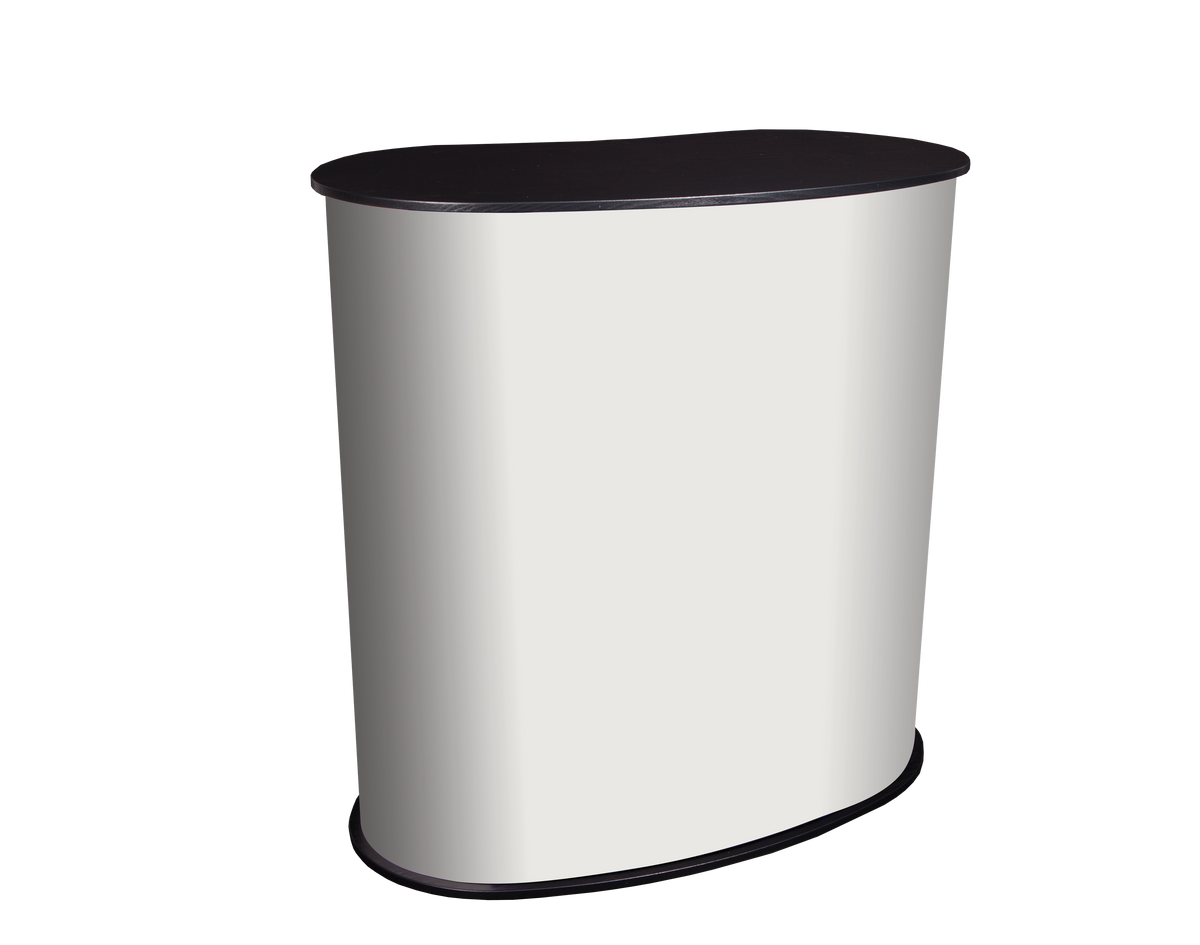 Curved promotional counter with blank white graphic panel
