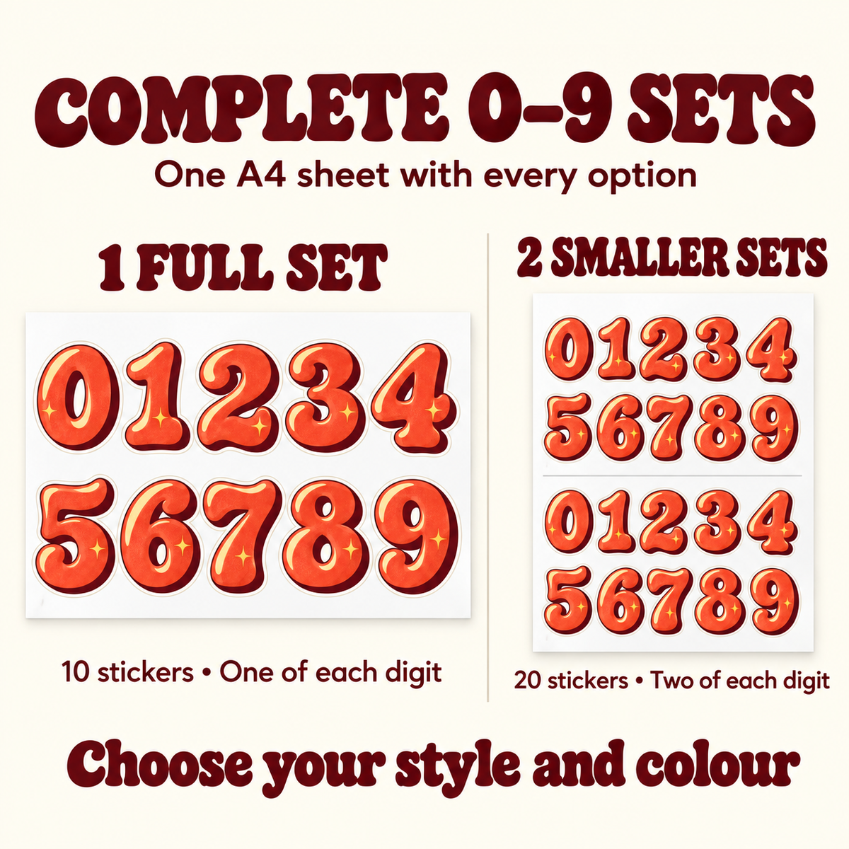 Complete-set guide: one A4 sheet with 10 stickers, or two smaller 0–9 sets with 20 stickers on one A4 sheet
