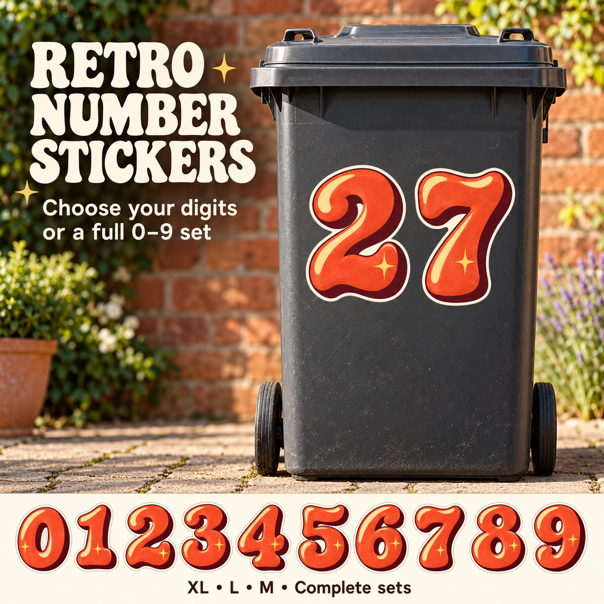 Retro orange number 27 stickers shown on a dark wheelie bin, with the full 0–9 design range