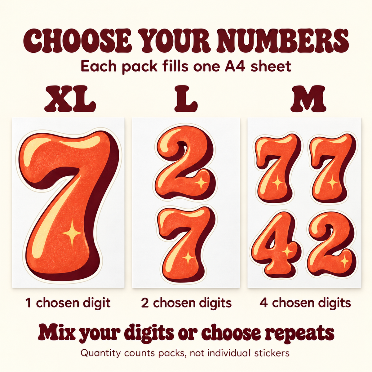 Choose-your-numbers pack guide: XL includes one digit, L includes two digits and M includes four digits on one A4 sheet