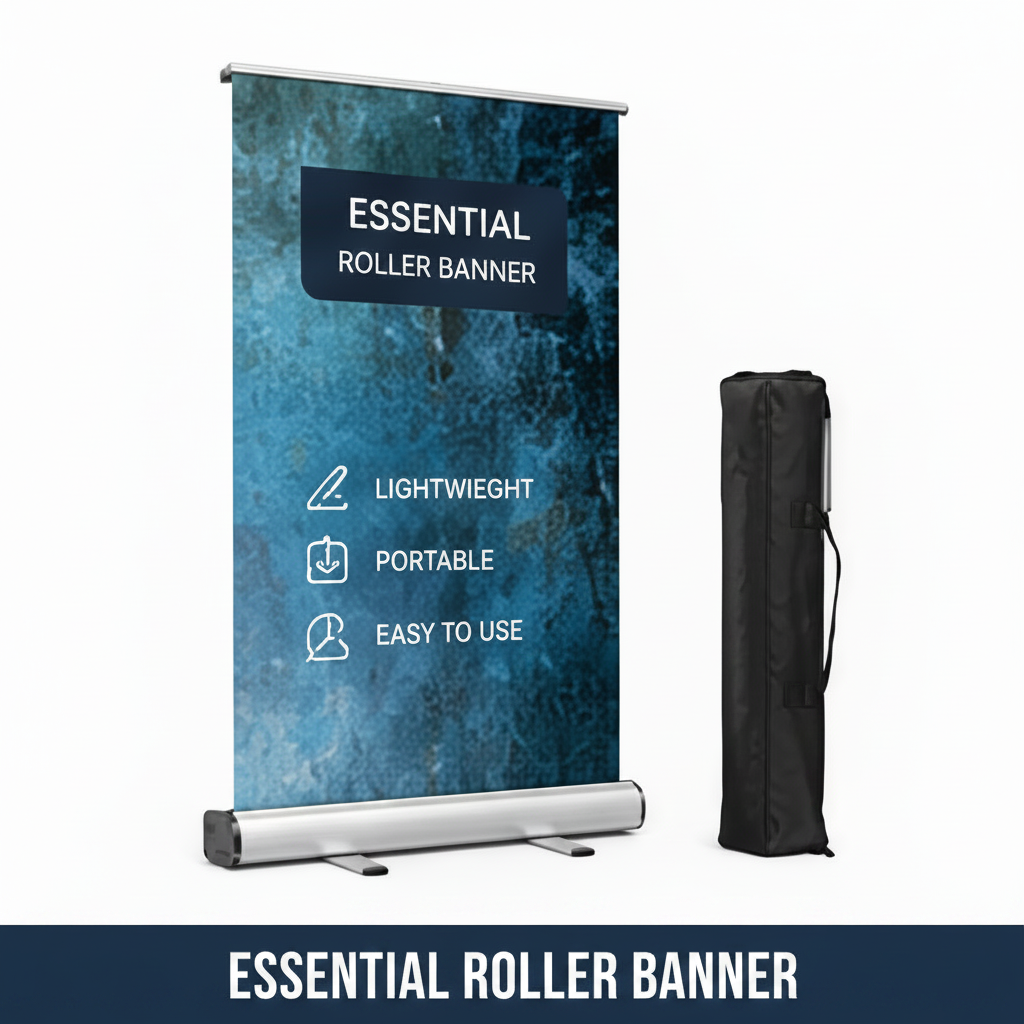 Essential Roller Banner with blue marbled design and black carrying case on a white background
