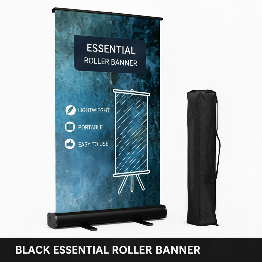 Black Essential Roller Banner Stand with Custom Printed Graphic