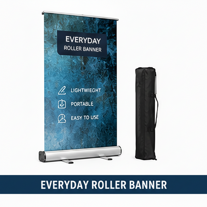 Everyday Roller Banner with blue design and black carrying case on a white background