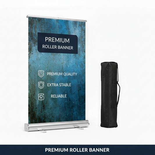 Premium roller banner with carrying case on a white background