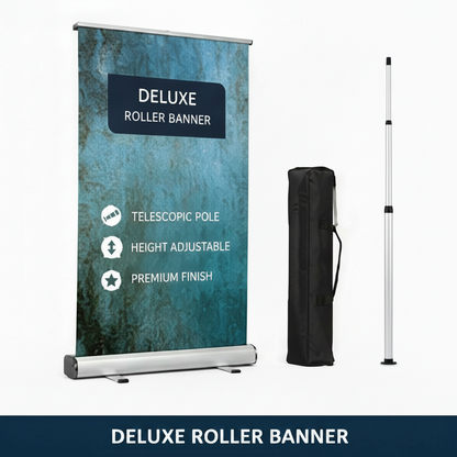 Deluxe roller banner with blue design and telescopic pole on a white background