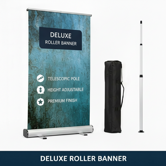 Deluxe roller banner with blue design and telescopic pole on a white background
