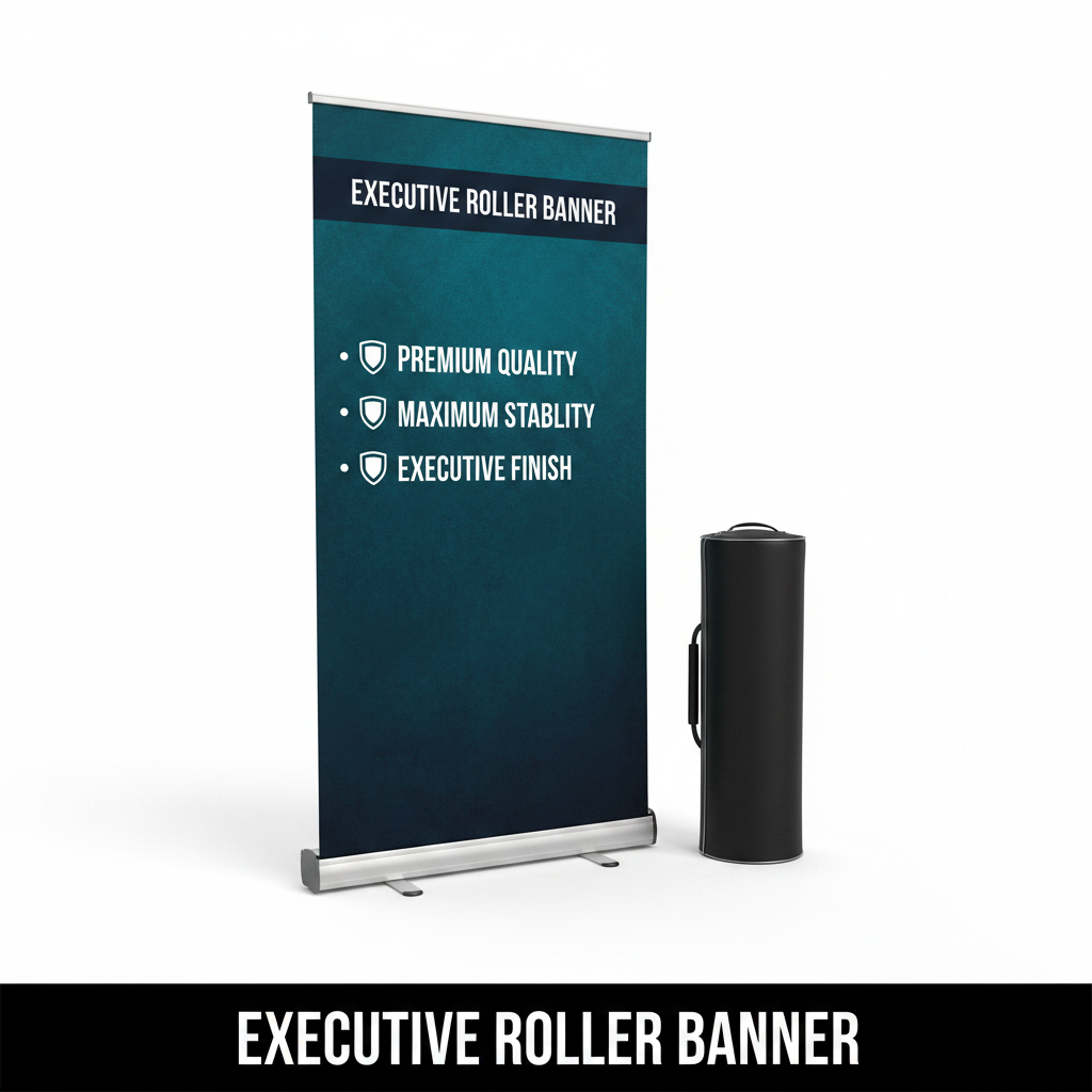 Executive roller banner with blue design and text on a white background