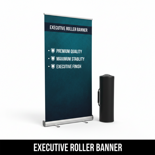 Executive roller banner with blue design and text on a white background