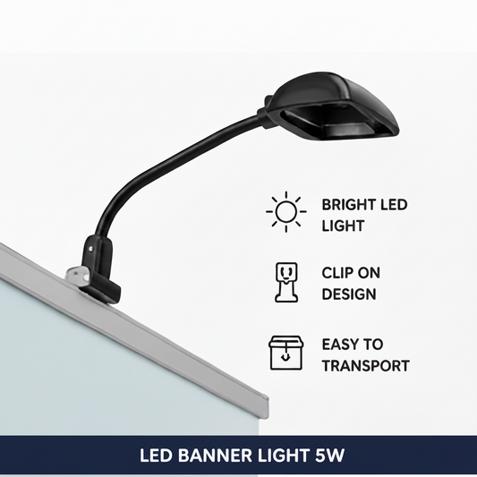Black LED banner light with features listed on a white background