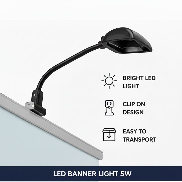 Black LED banner light with features listed on a white background