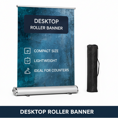 Desktop roller banner with blue marbled design and text on a white background