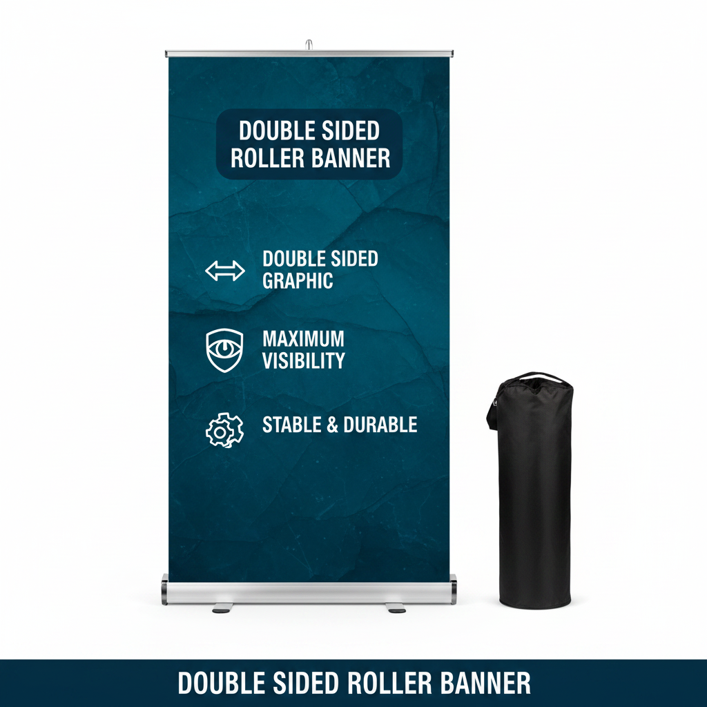 Double-sided roller banner with blue design and text on a white background