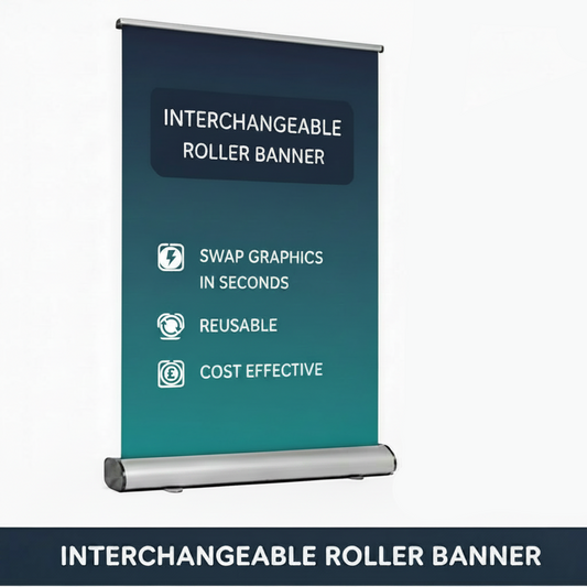 Interchangeable roller banner on a white background