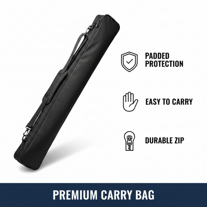 Black carrying bag with features labeled on a white background