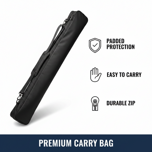 Black carrying bag with features labeled on a white background