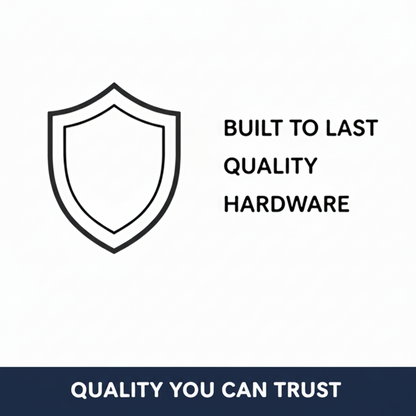 Shield icon with text 'Built to last quality hardware' on a white background