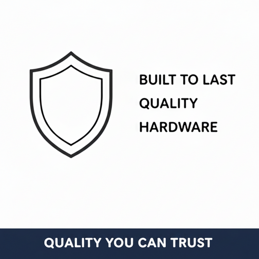 Shield icon with text 'Built to last quality hardware' on a white background