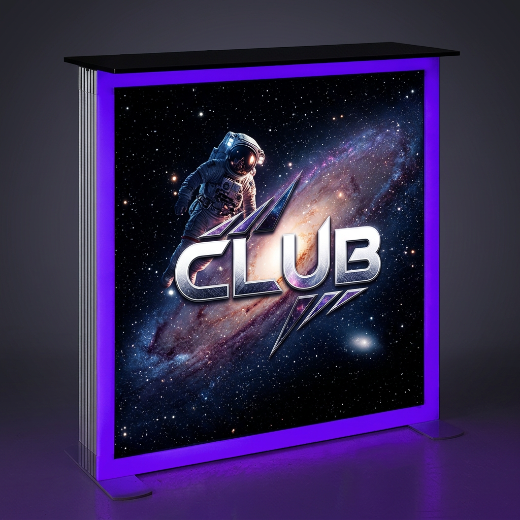 A freestanding illuminated sign or display panel with a purple LED glow around a printed cosmic graphic featuring an astronaut and the word "CLUB" in large metallic letters, shown against a dark studio background.