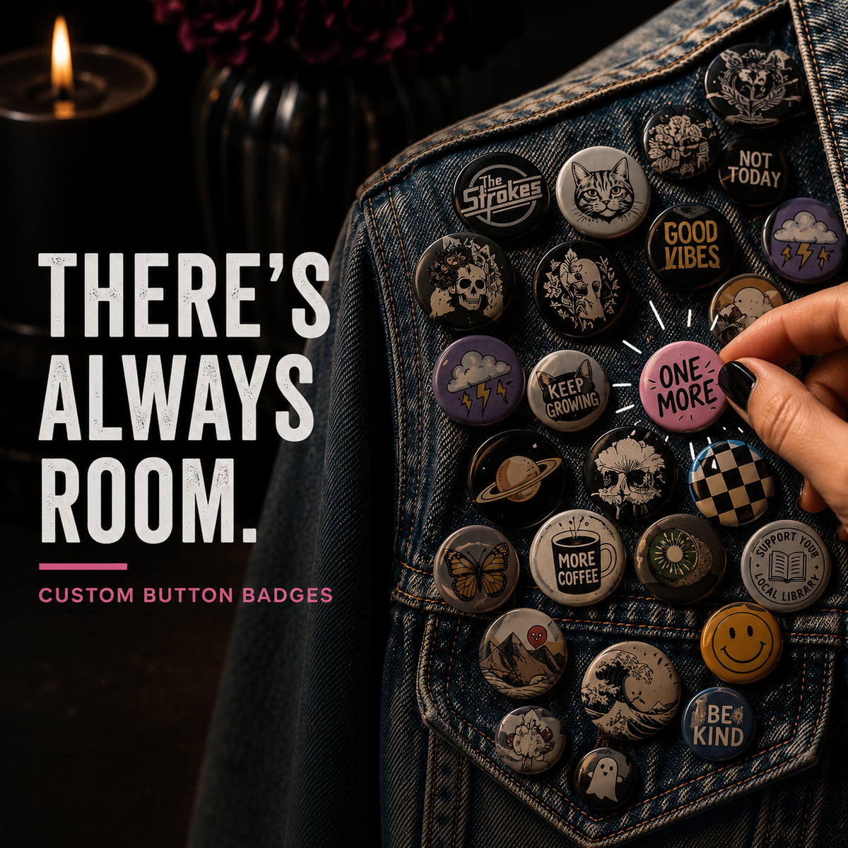 Custom printed button badge created from customer-supplied artwork, alternative finished example.