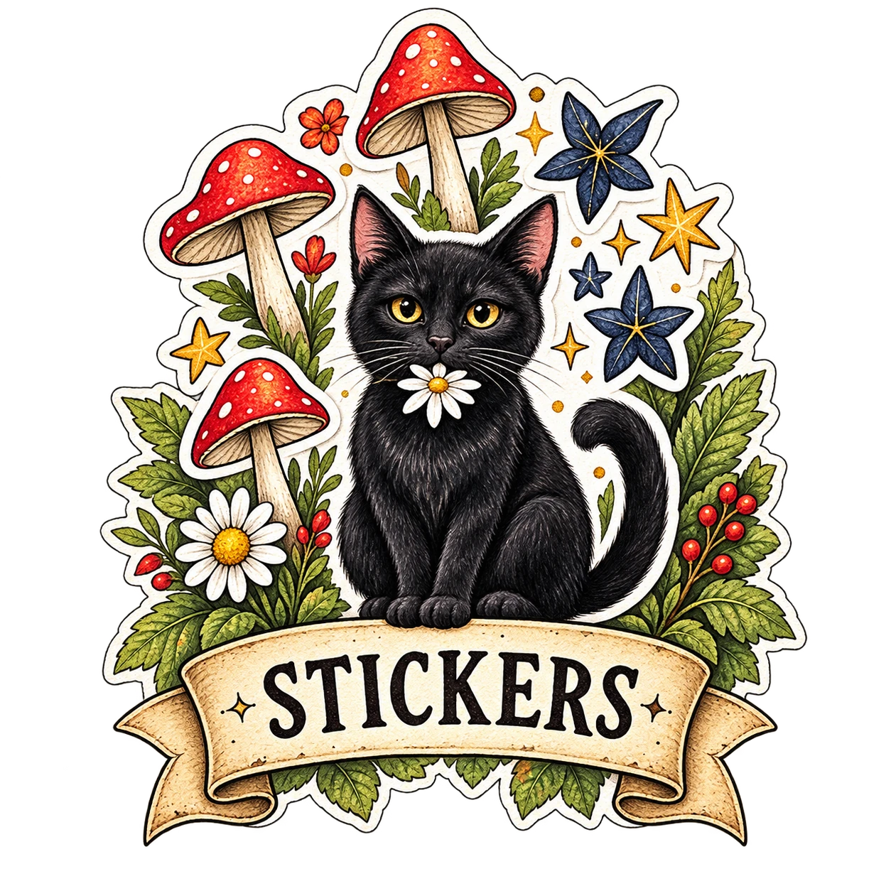 Watercolour black cat sticker illustration