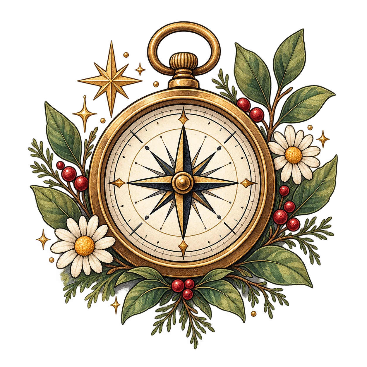 Botanical vintage compass illustration