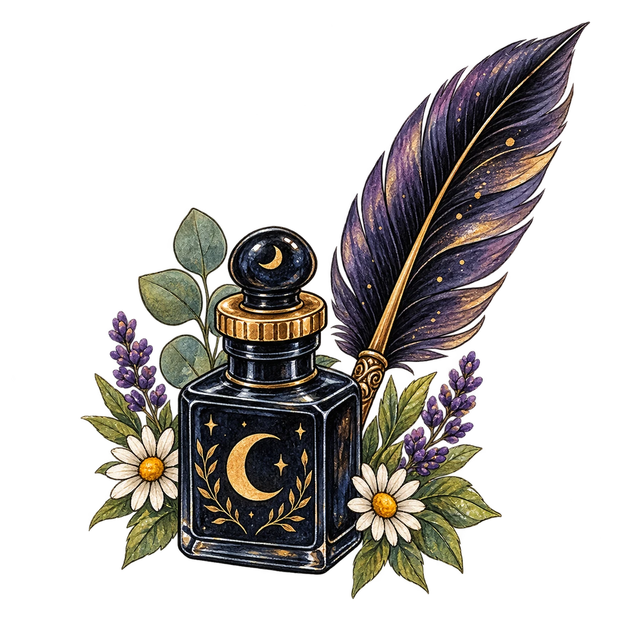 Celestial inkwell and quill illustration
