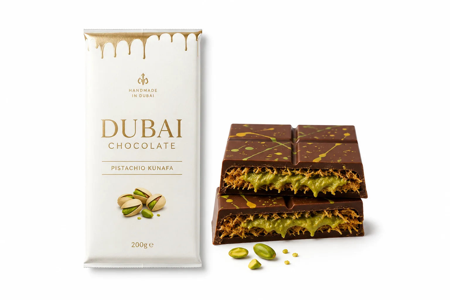 Illustrative pistachio filled chocolate product on a clean white background