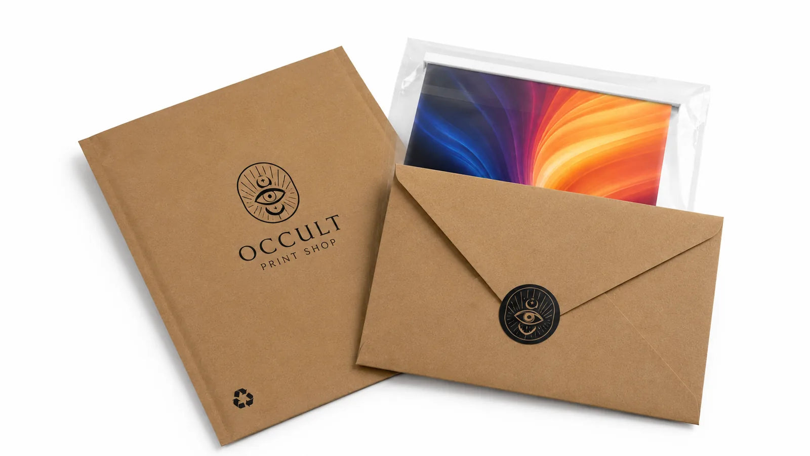 Occult Print Shop kraft mailer and envelope concept carrying the same visual identity across packaging